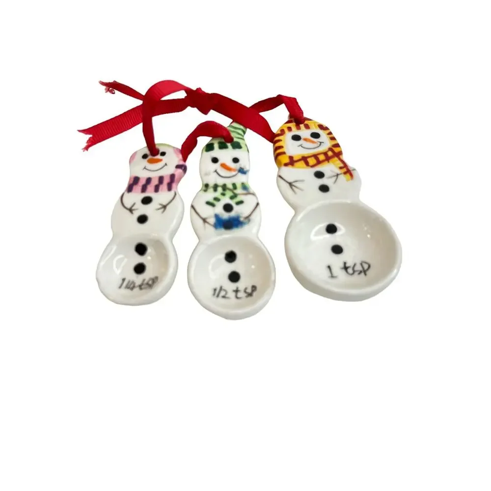 Vintage Loomco 1994 Ceramic Tree Spoon & Snowman Measuring Spoons